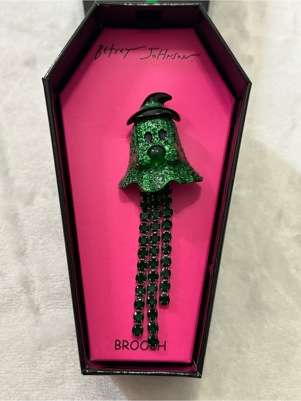 Betsey Johnson Green Glitter Ghost Rhinestone Dangle Brooch NWT - Picture 4 of 8